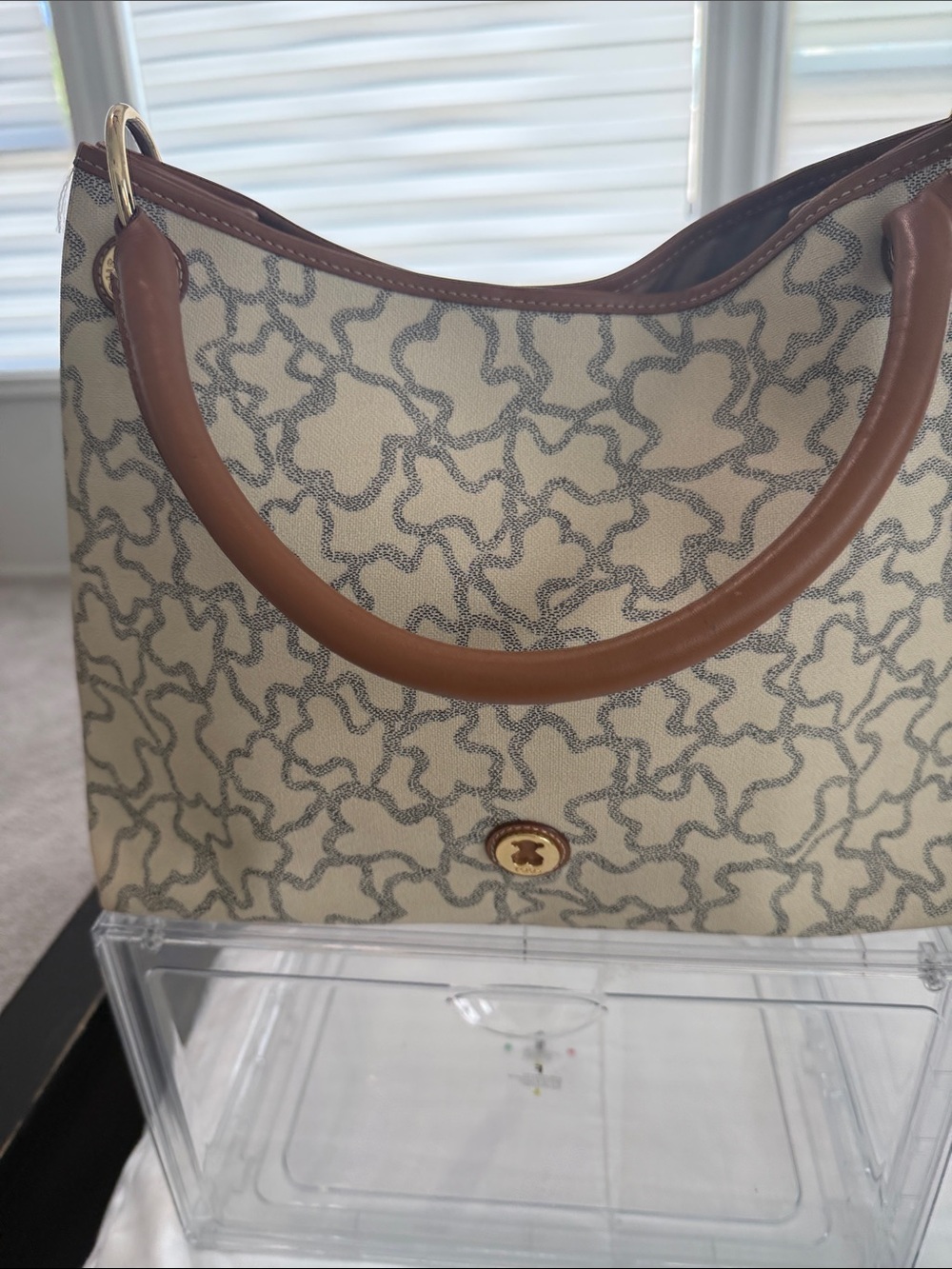 Tous Cream Patterned Hobo Shoulder Bag with Brown Trim and Gold Accent